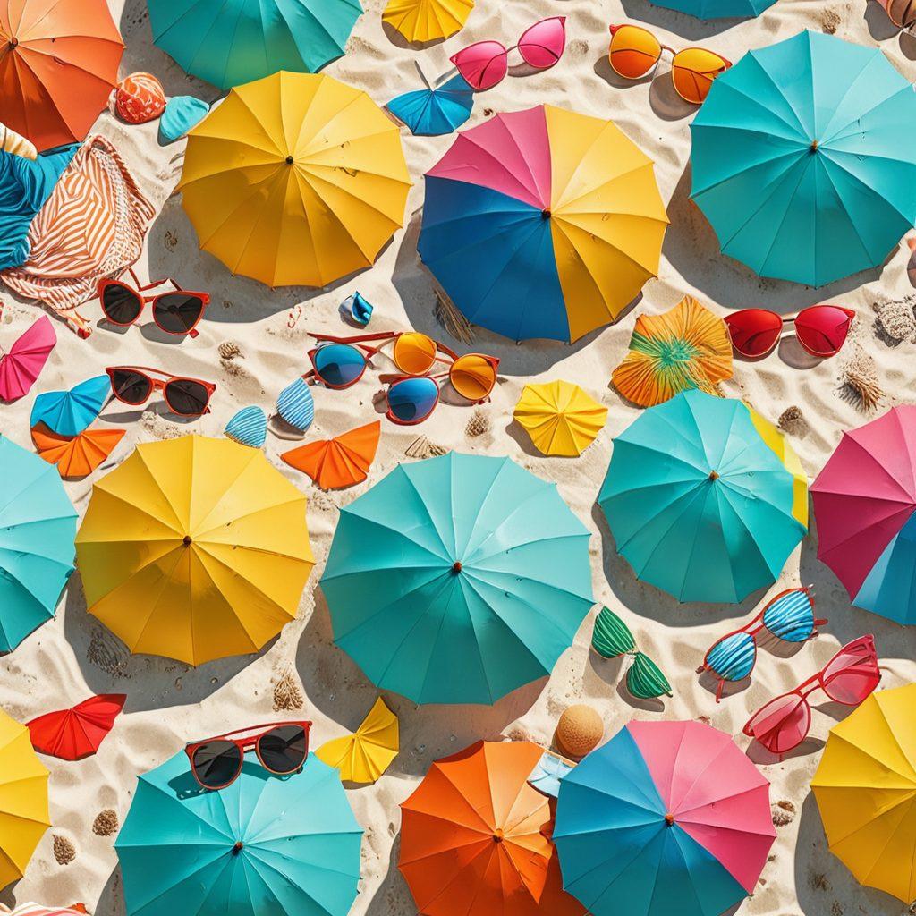 A vibrant beach scene showcasing a collection of trendy bikinis displayed on colorful beach umbrellas, with clear turquoise waters and a bright sunny sky. Surround the bikinis with playful beach accessories like sunglasses, beach balls, and towels, reflecting a fun summer vibe. Include a hint of affordability by featuring price tags in a stylish manner. super-realistic. vibrant colors. white background.